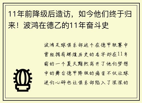 11年前降级后造访，如今他们终于归来！波鸿在德乙的11年奋斗史