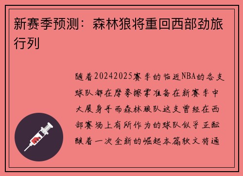 新赛季预测：森林狼将重回西部劲旅行列