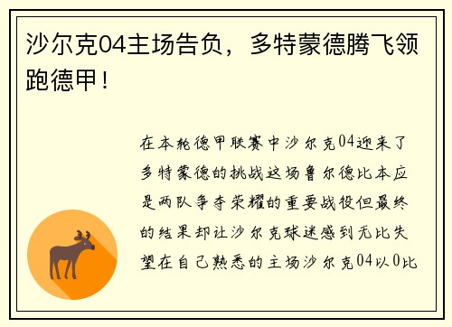 沙尔克04主场告负，多特蒙德腾飞领跑德甲！