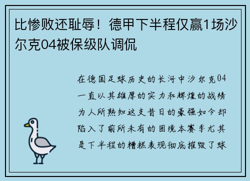 比惨败还耻辱！德甲下半程仅赢1场沙尔克04被保级队调侃