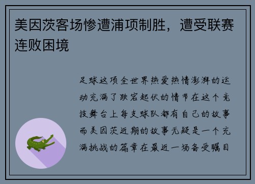 美因茨客场惨遭浦项制胜，遭受联赛连败困境