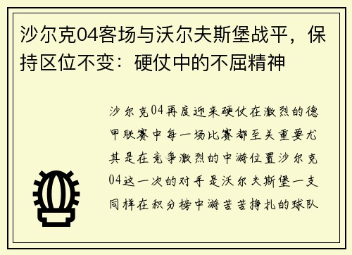 沙尔克04客场与沃尔夫斯堡战平，保持区位不变：硬仗中的不屈精神
