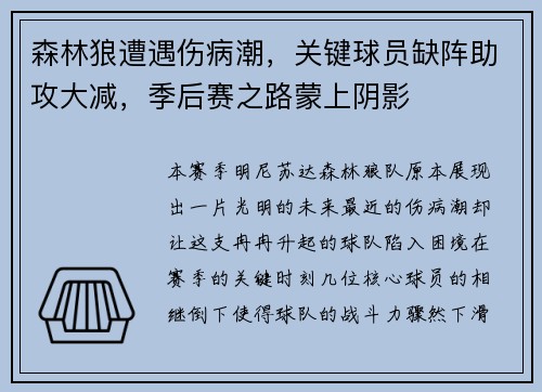 森林狼遭遇伤病潮，关键球员缺阵助攻大减，季后赛之路蒙上阴影