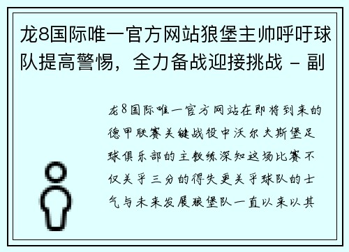 龙8国际唯一官方网站狼堡主帅呼吁球队提高警惕，全力备战迎接挑战 - 副本