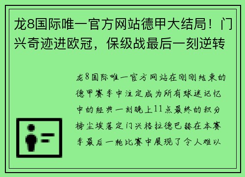 龙8国际唯一官方网站德甲大结局！门兴奇迹进欧冠，保级战最后一刻逆转