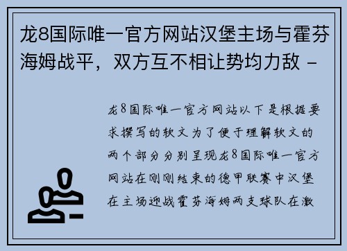 龙8国际唯一官方网站汉堡主场与霍芬海姆战平，双方互不相让势均力敌 - 副本