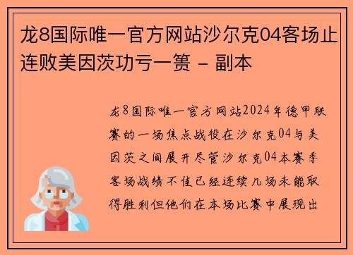 龙8国际唯一官方网站沙尔克04客场止连败美因茨功亏一篑 - 副本