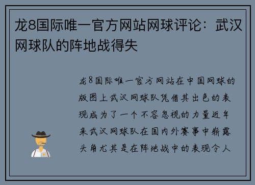 龙8国际唯一官方网站网球评论：武汉网球队的阵地战得失