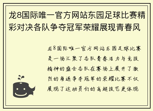 龙8国际唯一官方网站东园足球比赛精彩对决各队争夺冠军荣耀展现青春风采