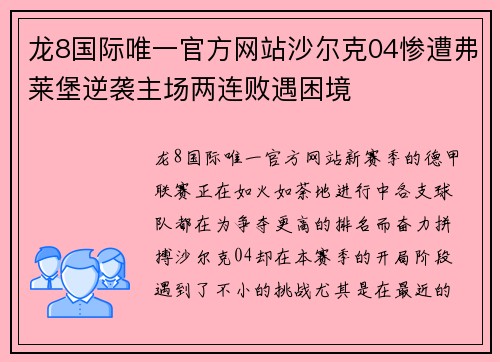 龙8国际唯一官方网站沙尔克04惨遭弗莱堡逆袭主场两连败遇困境